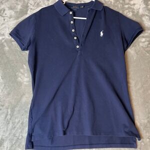 Womens Ralph Lauren Navy Blue Slim Fit Short Sleeve Polo Shirt Size Large